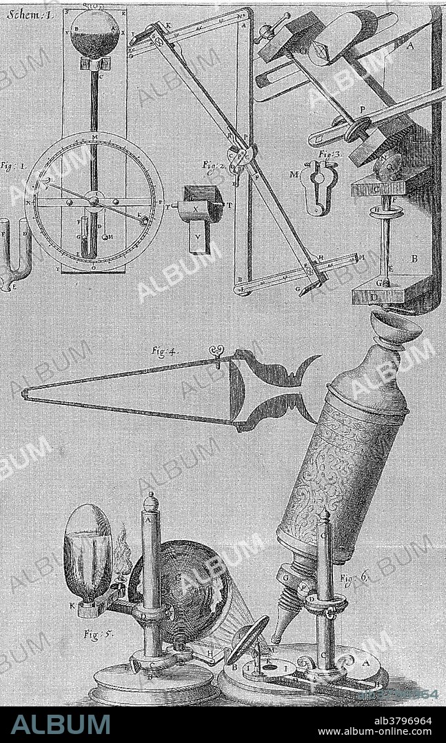 Hooke's microscope and equipment. 17th-century illustration of a compound microscope (bottom, see image H505/0008), as used by English natural philosopher Robert Hooke (1635-1703). Hooke pioneered the new science of microscopy and published detailed drawings of observations made with his microscopes. This illustration appeared in his 'Micrographia' (1665). A lens polishing machine is at upper right (see image H505/0030) and a wheel barometer is at upper left (see image V900/0017). Hooke was one of the founding fellows (1663) of the Royal Society, and served as its Curator of Experiments and Secretary.