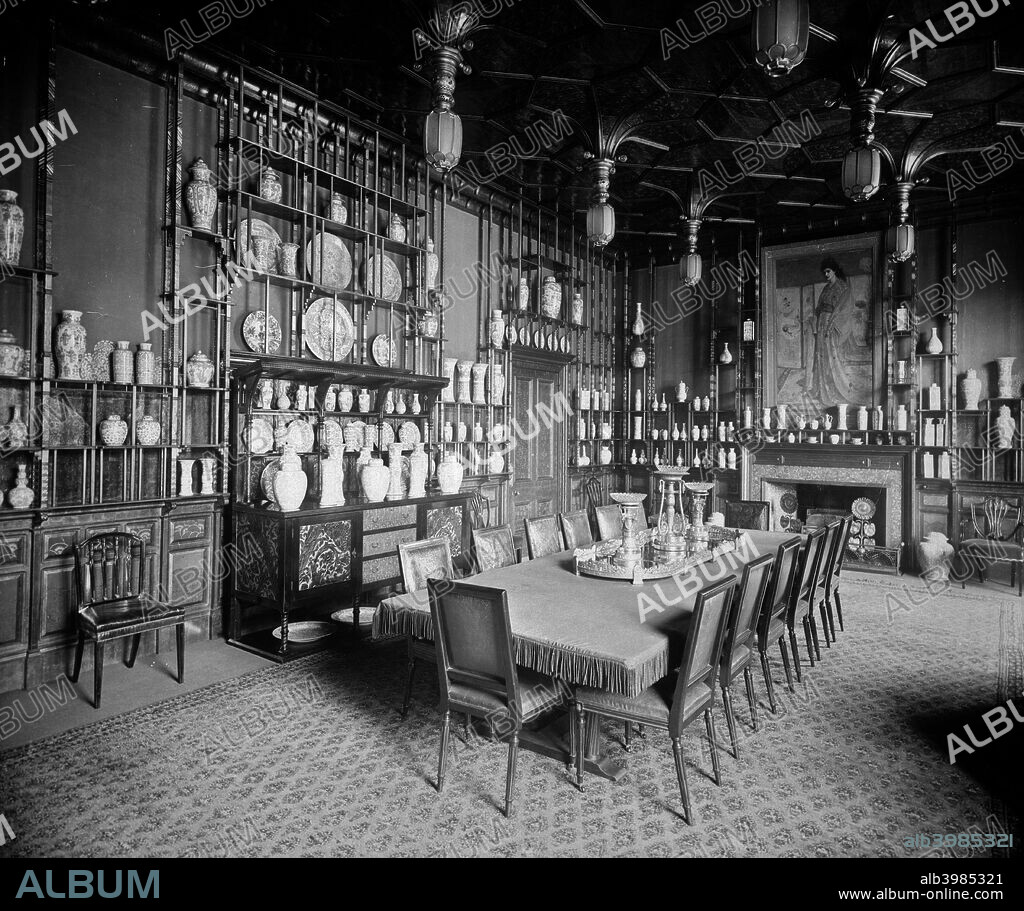 The 'Peacock Room' in 49 Princes Gate, Westminster, London, 1892. A fashionable Aesthetic interior designed by Whistler, under Norman Shaw, for Frederick Leyland, and the subject of a dispute between artist and client. The photograph was taken for the sale of the property in 1892.