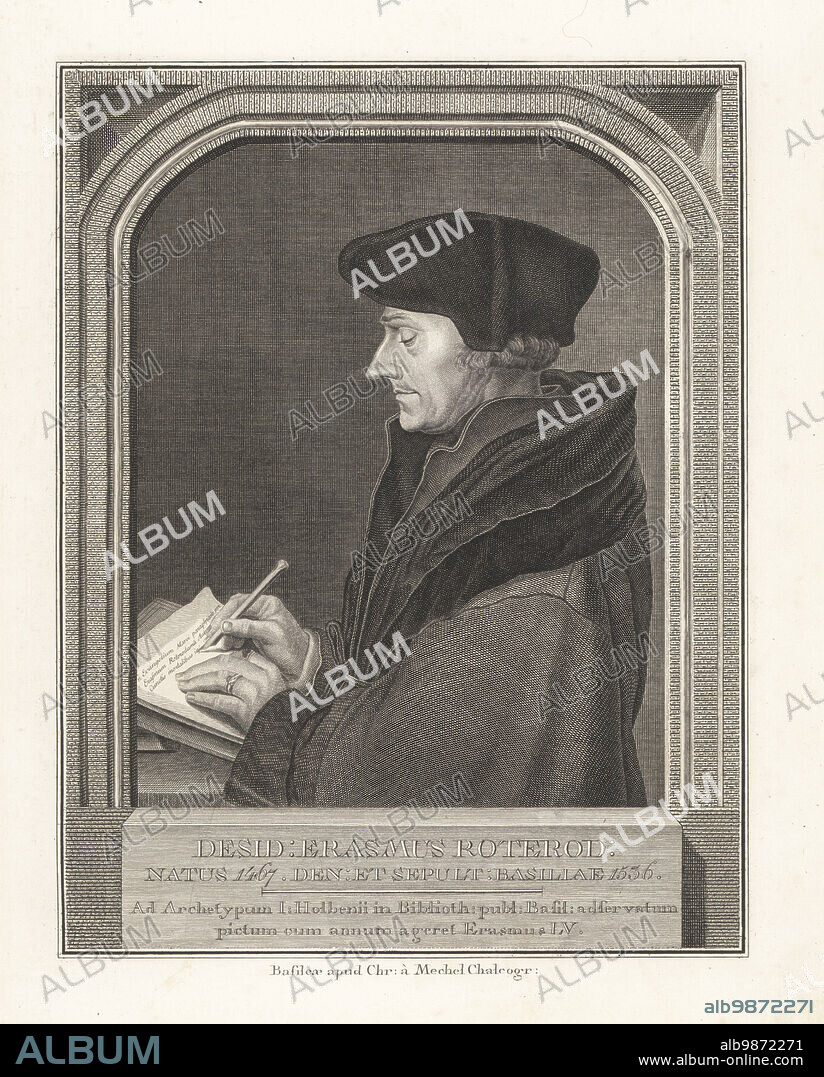 Portrait of Erasmus of Rotterdam, 1466-1536. Desiderius Erasmus Roterodamus, Dutch philosopher, humanist and Catholic theologian, considered one of the greatest scholars of the northern Renaissance. Desid: Erasmus Roterod: Copperplate engraving by Bartholomaus Hubner after a portrait by Hans Holbein in Christian von Mechel's Oeuvre de Jean Holbein, Chez Guillaume Haas, Basel, 1790.