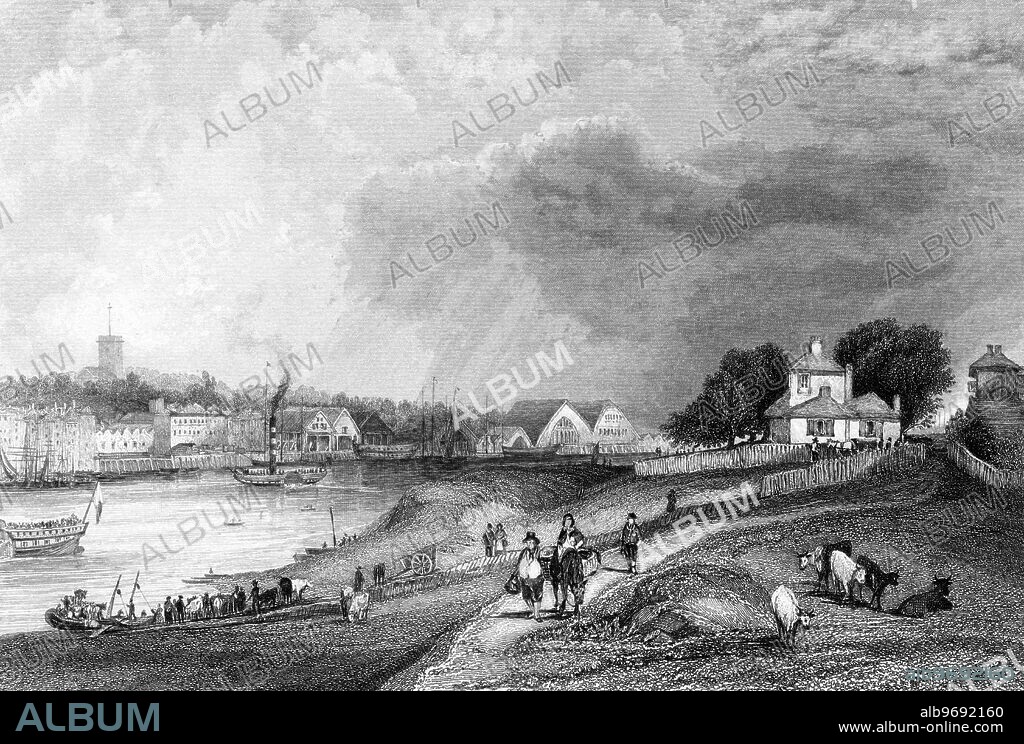 Woolwich , London : 1838 (or later ). A cluster of houses , the church in the distance , a paddle-steamer on the River Thames . Engraved by William Henshall from an original study by the landscape painter Charles Marshall.