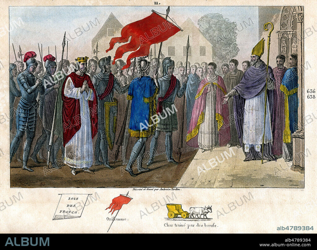 DAGOBERT Ier (604-639) fonde l'abbaye de Saint-Denis ou il depose l'oriflamme. Illustration de 1825 par Ambroise TARDIEU (1788-1841) pour Histoire de France representee par des tableaux synoptiques par M. COLART. Credit : Collection Jonas/Kharbine-Tapabor.