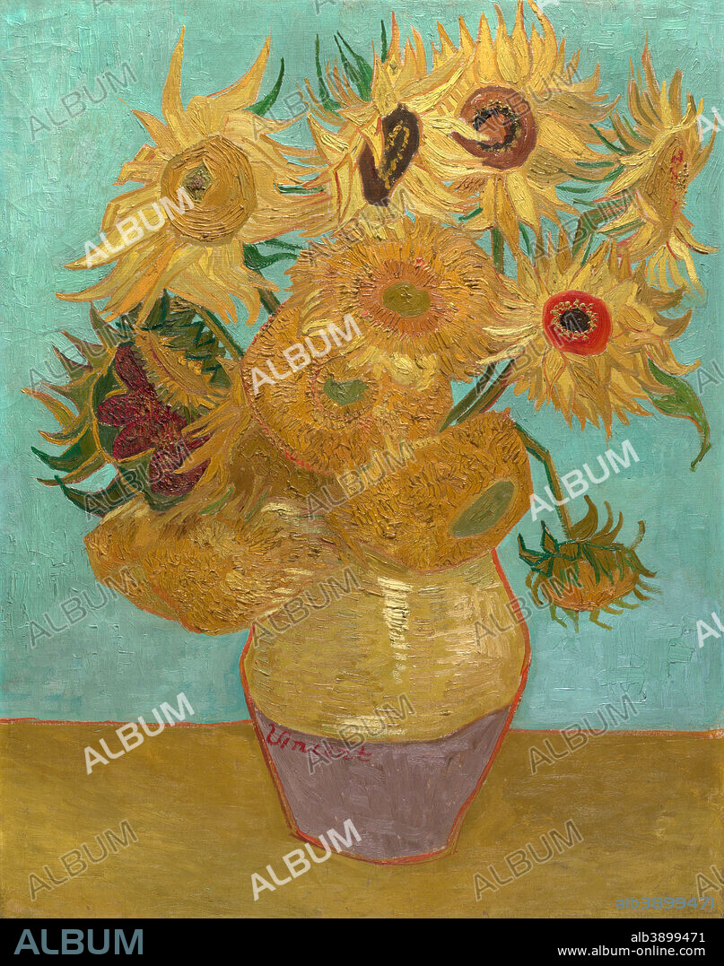VINCENT VAN GOGH. Sunflowers / Vase with Twelve Sunflowers. Date/Period: Arles, January 1889. Painting. Oil on canvas. Height: 92.4 cm (36.3 in); Width: 71.1 cm (27.9 in).