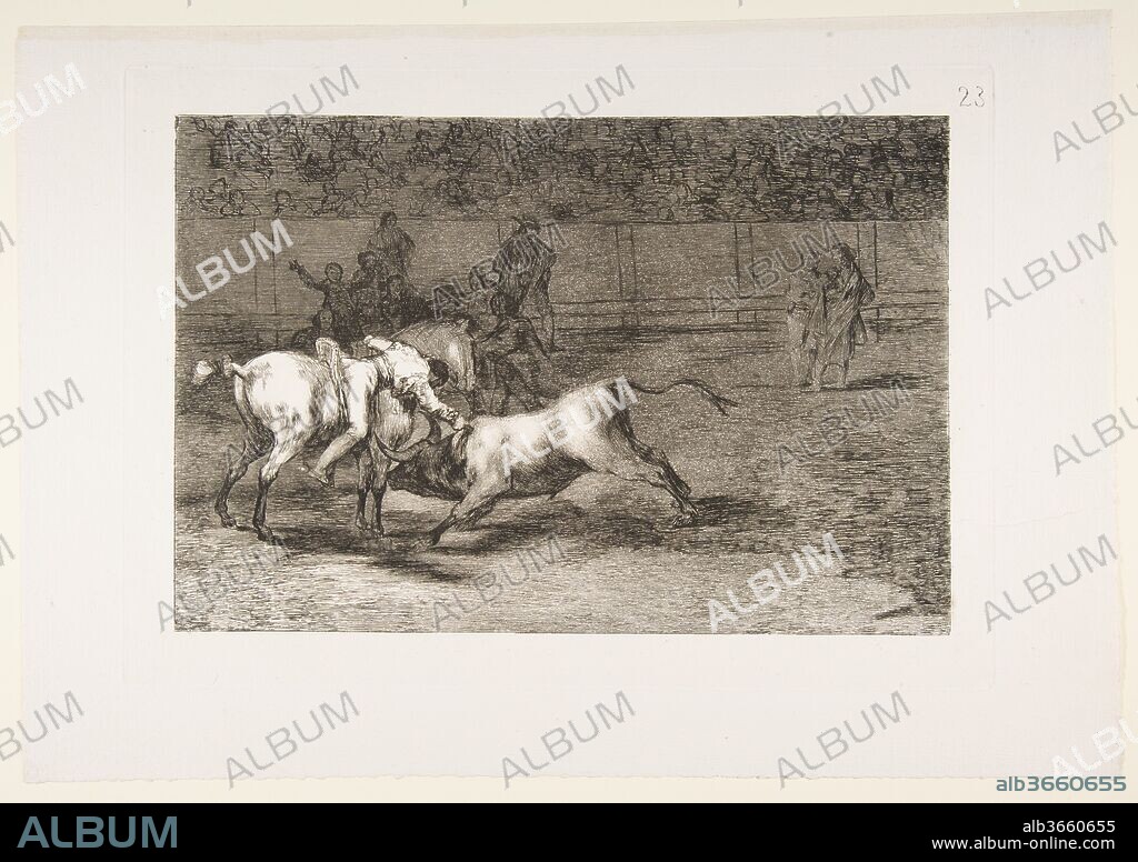 Plate 23 from the 'Tauromaquia':Mariano Ceballos, alias the Indian, kills the bull from his horse. Artist: Goya (Francisco de Goya y Lucientes) (Spanish, Fuendetodos 1746-1828 Bordeaux). Dimensions: Plate: 9 13/16 × 13 7/8 in. (25 × 35.2 cm)
Sheet: 12 3/16 × 17 3/8 in. (30.9 × 44.2 cm). Date: 1816.