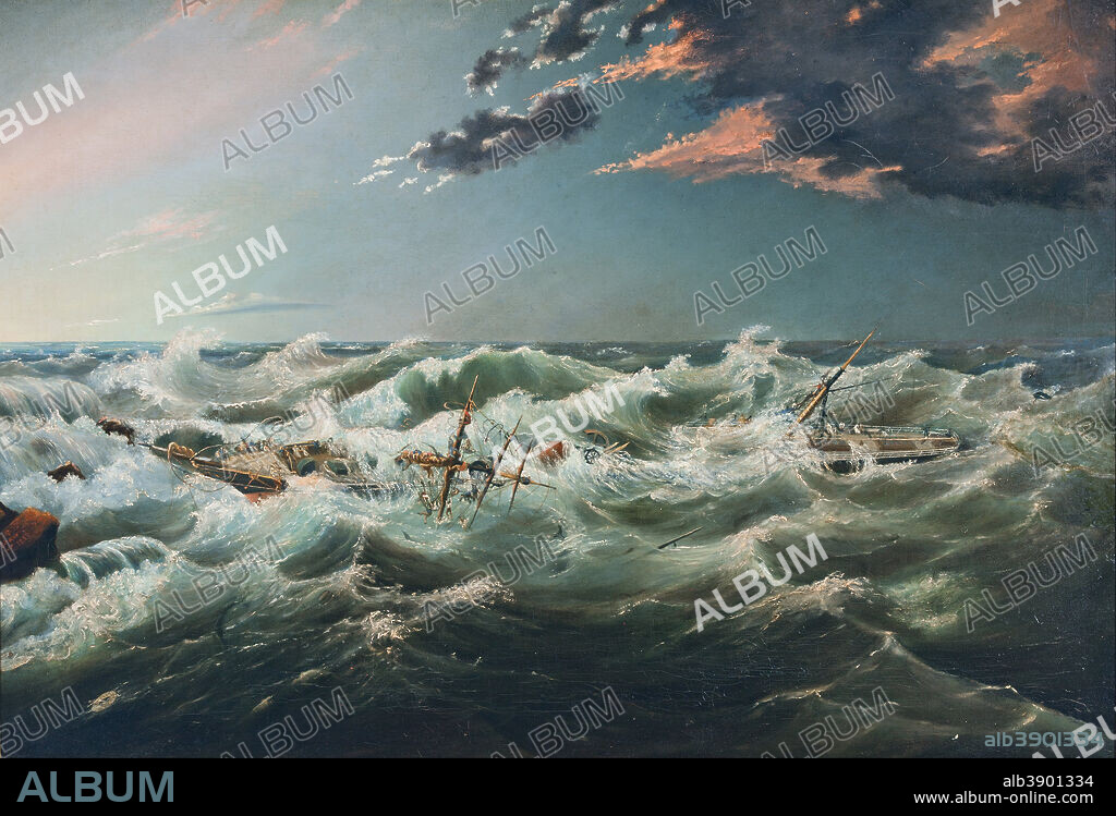JAMES SHAW. The Admella wrecked, Cape Banks, 6th August, 1859. Date/Period: 1859. Painting. Oil on canvas. Height: 68.50 mm (2.69 in); Width: 97.70 mm (3.84 in).