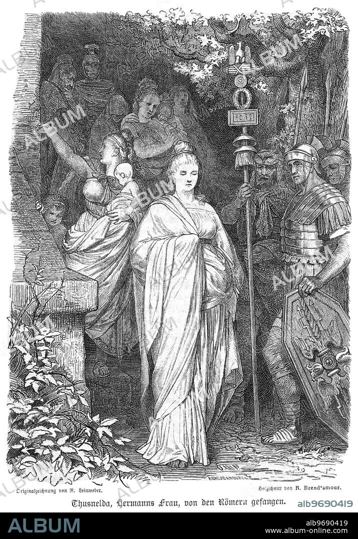 Europe, Germany, Germania, Thusnelda, the wife of Arminius , captured by the Romans, illustration from : ' Illustrirte Gallerie bervºhmter Mv§nner aller Vv?lker und Zeiten ' ( Illustrated gallery of famous men of all races and times ) , new issue, publishing house Fr. Eugen Kv?hler, Gera, 1880th - 1890th , drawing by R. Leinweber, wood engraving by R. Brend`amour , converted in black and white .