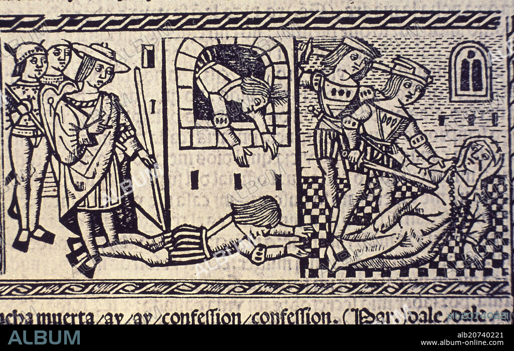 FERNANDO DE ROJAS (1470-1541). LA CELESTINA - MUERTE DE PARMENO Y SEMPRONIO A LA IZQUIERDA Y MUERTE DE LA CELESTINA A LA DERECHA - SIGLO XVI.