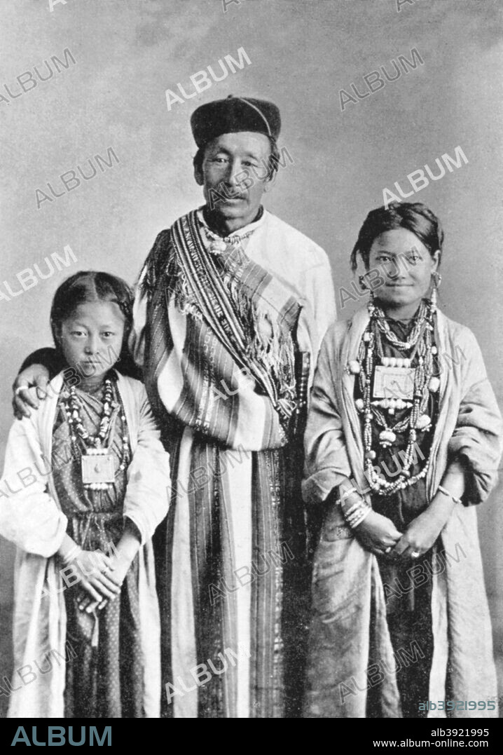 A portrait of Lepchas, West Bengal, India, c1910. The Lepcha are the aboriginal inhabitants of present day Sikkim. Many Lepcha are also found in western and southwestern Bhutan, the Ilam District of eastern Nepal and even the hills of West Bengal. They are also known as the Rong, Rongke, or Rongpa. Plate taken from Views of Darjeeling with Typical Native Portraits and Groups by J. Burlington Smith, published by Hood & Co. Ltd (Middlesbrough, c1910).