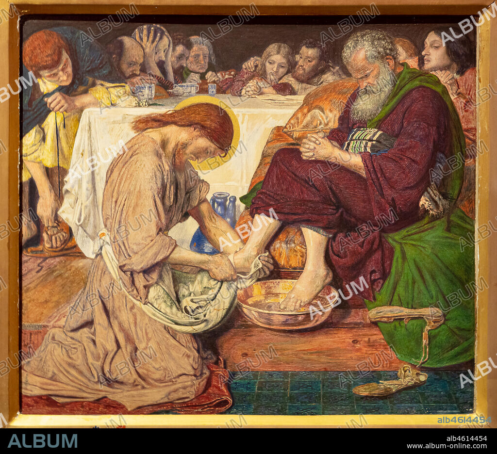 "Jesus washing Peter's feet", (1857-8) by Ford Madox Brown (1821 - 93); watercolour on paper. The character holding his head in his hands is William Holman Hunt; the blond haired disciple is Dante Gabriel Rossetti.