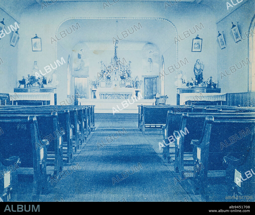 Catholic Church, Rulo, Nebraska, c. 1900, Agnes Winterbottom Cooney, American, 1878-1940, 3 3/4 x 4 3/4 in. (9.53 x 12.07 cm) (image)4 7/8 x 6 9/16 in. (12.38 x 16.67 cm) (mount), Cyanotype, United States, 19th-20th century.