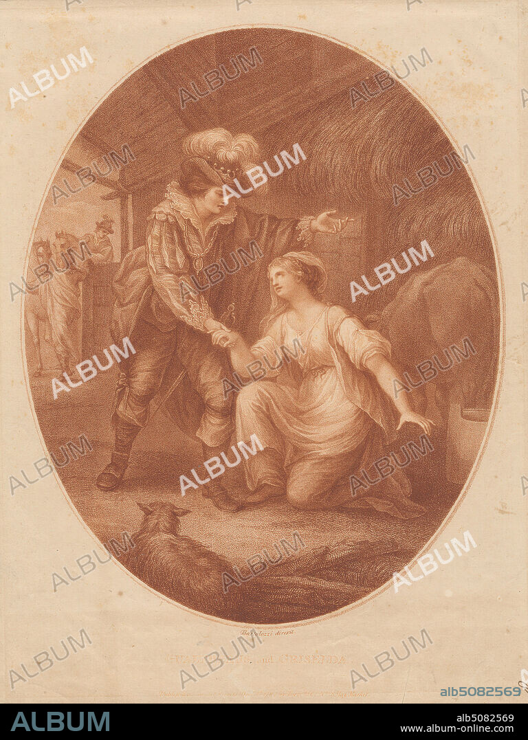 Gualtherus and Griselda, Print made by Francesco Bartolozzi RA, 17281815, Italian, active in Britain (176499), after Benedetto Pastorini, Italian, ca.1746after 1803, Italian, and after John Francis Rigaud, 17421810, French, active in Britain (from 1771), Published by Torre & Co., active 17531776, Italian, active in Paris and London, 1784, Mezzotint and etching on medium, mdoerately textured, beige laid paper, Sheet: 12 1/4 x 9 5/16 inches (31.1 x 23.7 cm) and Image: 10 3/8 x 8 3/8 inches (26.4 x 21.2 cm), barn, collar, costume, dog (animal), dress, feathers, folklore, gazing, gesture, hat, hay, horses (animals), jewelry, kneeling, lace, literary theme, men, obedience, oval, patience, portrait, stable, sword, The Decameron (Boccaccio), woman.