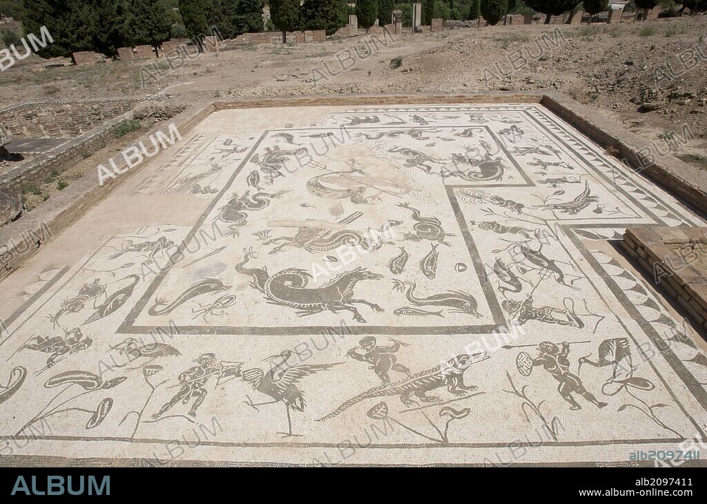 ARTE ROMANO. ESPAÑA. Conjunto Arqueológico de ITALICA. Ciudad romana que tiene sus orígenes en el año 206 aC. CASA NEPTUNO. Area termal. Zona fría o "frigidarium". Detalle del mosaico que da nombre a la casa. Se representa al dios Neptuno con su cortejo de criaturas marinas. Alrededores de Santiponce. Provincia de Sevilla. Andalucia.