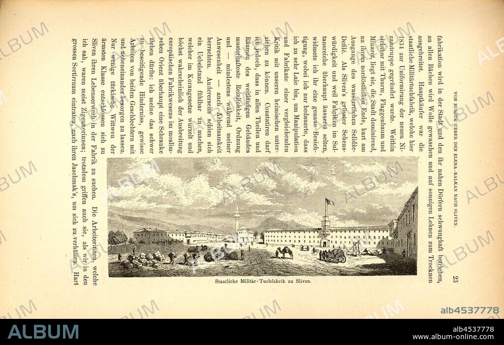 State military cloth factory to Sliven, Textile Factory in Sliven (Bulgaria), Signed: HKaeseberg X.J, Fig. 82, p. 23, Käseberg, Hugo (sc.), 1879, F. Kanitz: Donau-Bulgarien und der Balkan: historisch-geographisch-ethnographische Reisestudien aus den Jahren 1860-1879. Leipzig: Verlagsbuchhandlung von Hermann Fries, 1879-1880.