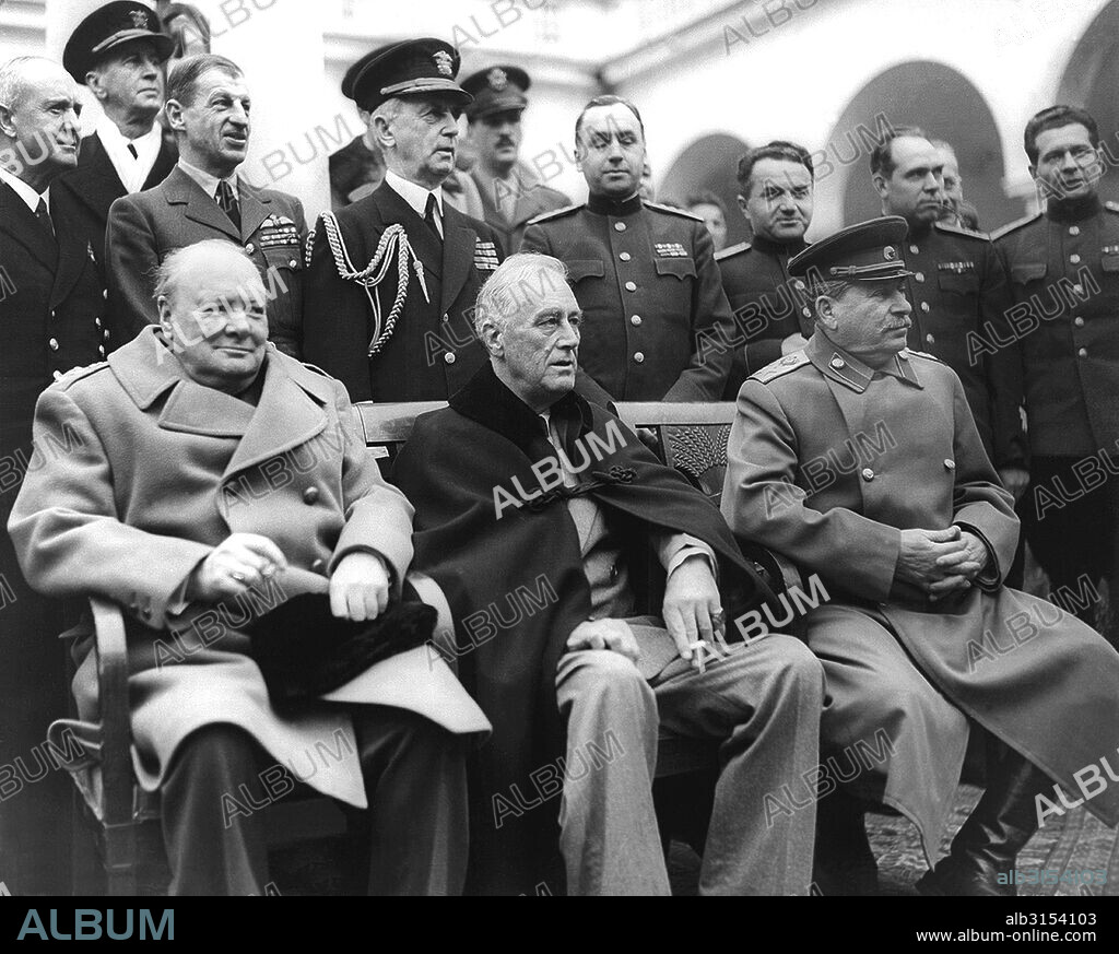 Yalta, Ukraine:   February 4-11, 1945. A scene from the Crimean Conference with Prime Minister Winston Churchill, President Franklin D. Roosevelt, and Marshal Joseph Stalin at the palace in Yalta, where the Big Three met in the second of their wartime conferences.