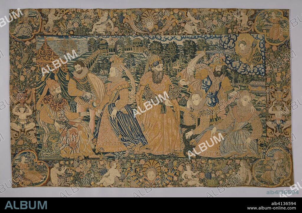 Hanging (Depicting the Story of Esther and King Ahasuerus) (Needlework). France or England. Date: 1575-1600. Dimensions: 185.4 x 297.18 cm (73 x 117 in.). Linen, plain weave; embroidered with silk and wool in tent and cross stitch. Origin: France.