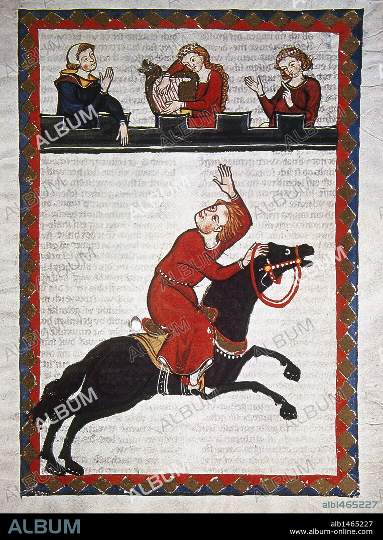 Der Wilde Alexander, poet of the 13th century, greets his beloved while he's riding. Codex Manesse (ca.1300) by Rudiger Manesse and his son Johannes. Miniature. Folio 412r. University of  Heidelberg. Library. Germany.