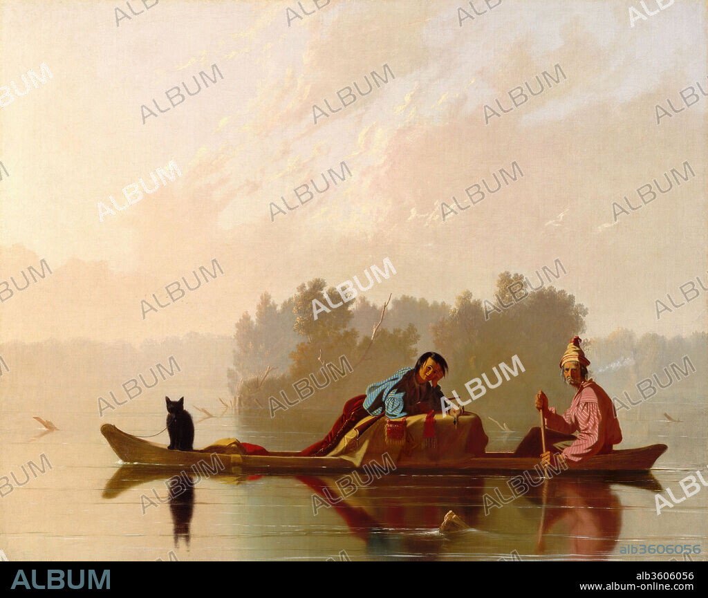 Fur Traders Descending the Missouri. Artist: George Caleb Bingham (American, Augusta County, Virginia 1811-1879 Kansas City, Missouri). Dimensions: 29 x 36 1/2 in. (73.7 x 92.7 cm). Date: 1845.
On June 4, 1845, Bingham returned from a winter stay in central Missouri to St. Louis, bringing with him several paintings and many sketches. This apparently was one of the pictures that he brought with him, and he sent it later that year for sale to the American Art-Union. It was first called "French Trader & Half breed Son," but the Art-Union gave it the title by which it is now known. Bingham, whose earliest efforts were portraits, produced a masterpiece of genre painting with little precedent in his oeuvre. The strikingly spare,  geometric composition and luminist light recall the paintings of  William Sidney Mount, particularly his "Eel Spearing at Setauket" (New York State Historical Association, Cooperstown). The solemn, motionless scene immortalizes the vanished world of the American frontier, constructed for a northeastern audience. The tranquil work was submitted to the Art-Union as a possible companion to the more implicitly violent "The Concealed Enemy" (Stark Museum of Art, Orange, Texas), in which an armed Osage warrior lies in wait behind a boulder. The polar opposition of quietude, savagery, and frontier danger embodied in the paintings held enormous appeal for urban viewers. Bingham painted a similar, though less extraordinary, picture called "The Trapper's Return" (Detroit Institute of Arts) in New York  in 1851.