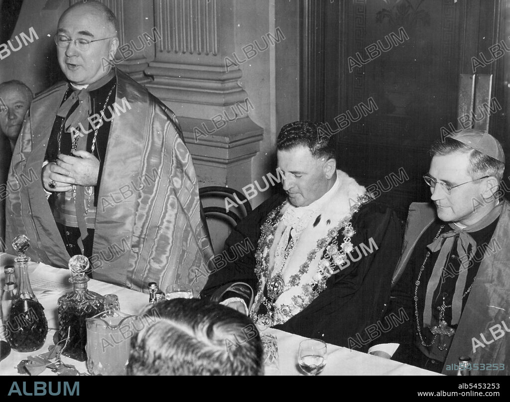 Civic Reception Afforded Roman Catholic Church Dignitaries At Town Hall Sydney - Cardinal Spellman (Archbishop of New York) addresses the gathering at the Civic Reception the Sydney Town Hall yesterday.
From right they are... Bishop Francis Grimshaw.... The Lord Mayor of Sydney (Ald Bartley) Cardinal Spellman and  the premier of NSW Mr. McGirr. April 01, 1948. (Photo by C.T. Halmarick).