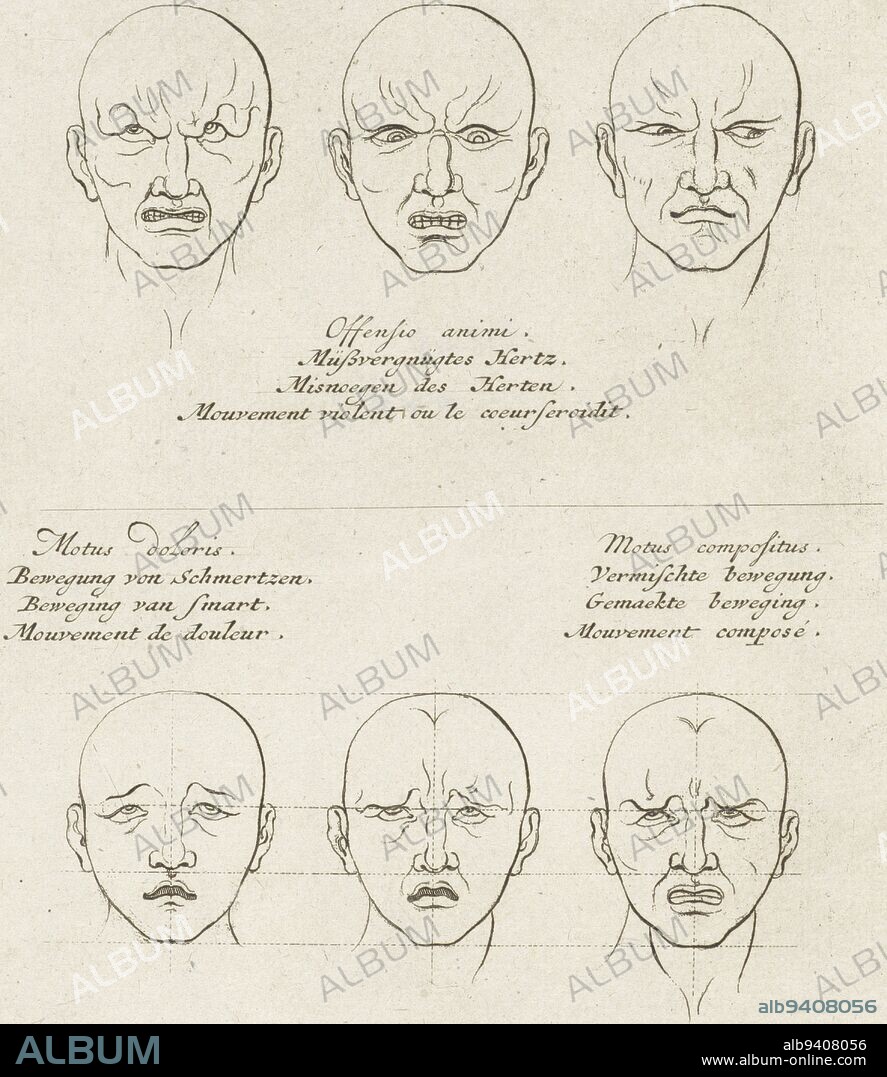 Facial expressions of awesome motion, displeasure, jealousy and grief, Pieter Schenk (I), after Sébastien Leclerc, after Charles Le Brun, 1692 - 1711, At top three faces with facial expressions of awesome motion, displeasure and jealousy. At bottom three faces with facial expressions of sorrow, being touched in the body and heart and of different feelings., print maker: Pieter Schenk (I), Sébastien Leclerc, intermediary draughtsman: Charles Le Brun, Amsterdam, 1692 - 1711, paper, etching, h 211 mm × w 160 mm.