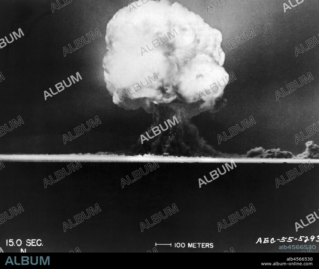 Los Alamos, New Mexico, July 16, 1945 The Trinity fireball, 15 seconds after the detonation of the first atomic bomb, rises into the air above the desert.