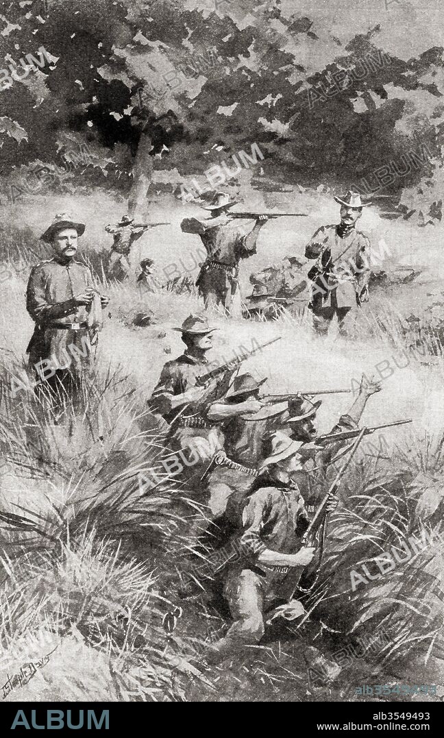 The Rough Riders, members of 1st United States Volunteer Cavalry, at The Battle of Las Guasimas, Cuba, June 24, 1898, the first land engagement of the Spanish–American War. From The History of Our Country, published 1900.