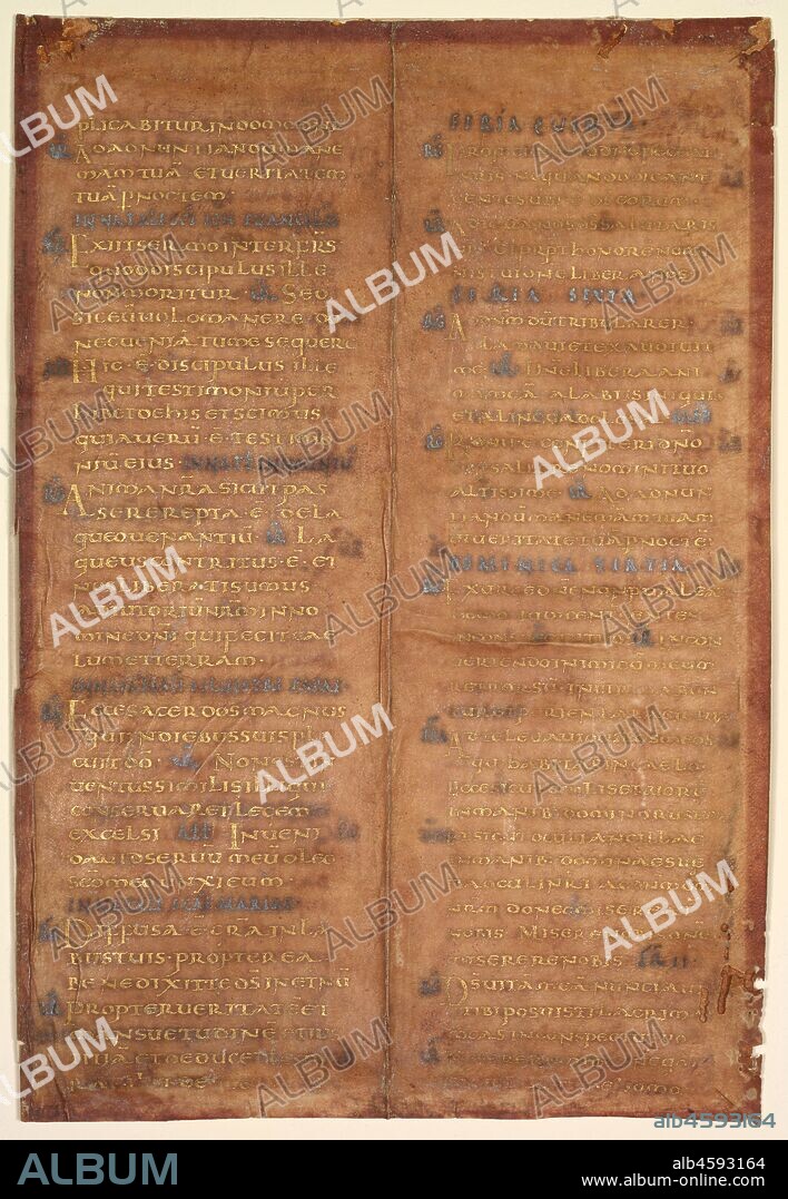 Bifolium Excised from a Carolingian Gradual, c. 830-860. This rare leaf comes from a cantatorium or gradual, a book containing the chants to be sung during the Mass. Other leaves from the same book survive in Berlin and Trier. A bifolium, or double-leaf, it does not contain decorated letters but rather "emphasized" letters. These were enlarged and pushed out into the margins to call attention to the eye. Such emphasized letters originated in late classical times and were the precursor to the decorated initial developed by medieval scribes. The purple-stained vellum (now faded to a deep pink) with its text written in gold and silver inks (now turned black) suggested great luxury with its sumptuous appearance. In Mediterranean regions, the purple dye was obtained from murex, a shell-fish dye. In northern Europe, plant dyes were used as an alternative. Combined with the use of gold and silver ink (now turned black) a spectacular appearance was achieved that is traceable back to classical antiquity.