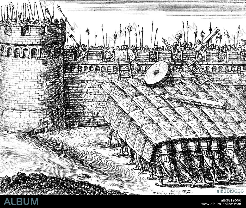 In Ancient Roman warfare, the testudo or tortoise formation was a formation used commonly by the Roman Legions during battles, particularly sieges. Testudo is the Latin word for "tortoise". The shields would be held in such a way that they presented a shield wall to all sides. The men in the back ranks would place their shields over their heads to protect the formation from above, balancing the shields on their helmets, overlapping them. If necessary, the legionaries on the sides and rear of the formation could stand sideways or backwards with shields held as the front rows, so as to protect the formation's sides and rear.