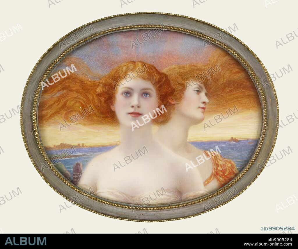 WILLIAM JACOB BAER. Aurora, 1896. Aurora, seen here both frontally and in profile, was the Roman goddess of dawn who, as night ended, would rise to the heavens in her chariot to announce the coming of the sun. As she rode, her hair was swept in the wind.