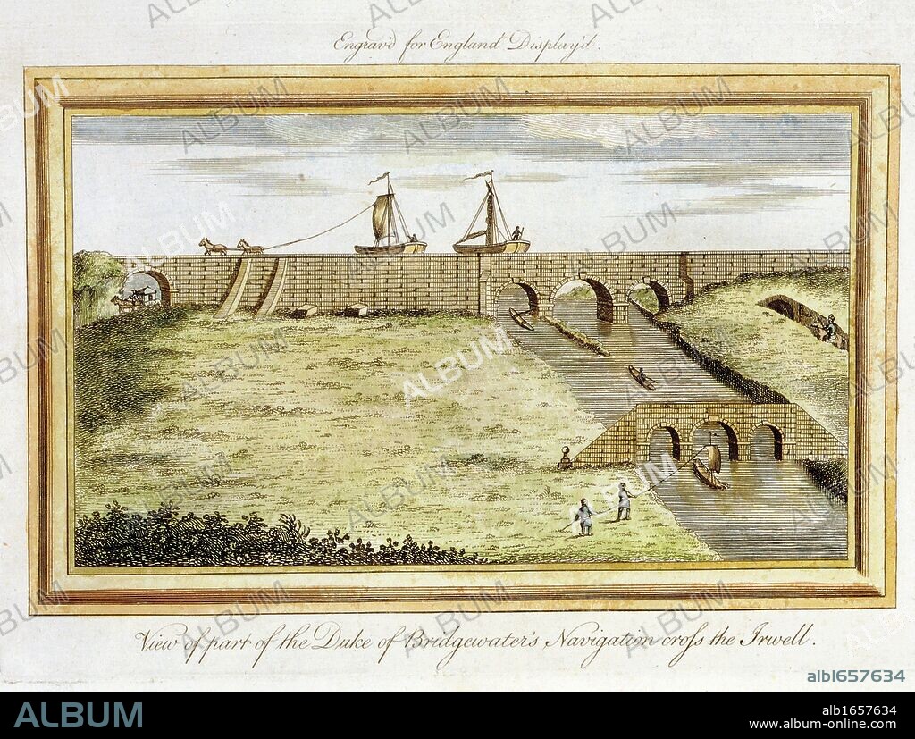 Bridgewater Canal, England, crossing the River Irwell by a viaduct.  In foreground 'Hobblers' are pulling boat on river. Engineer: James Brindley (1716-72). Hand-coloured engraving.