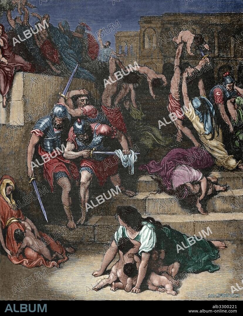 "DEGOLLACION DE LOS INOCENTES". La Biblia. Grabado de Gustave DORE. Coloreado.