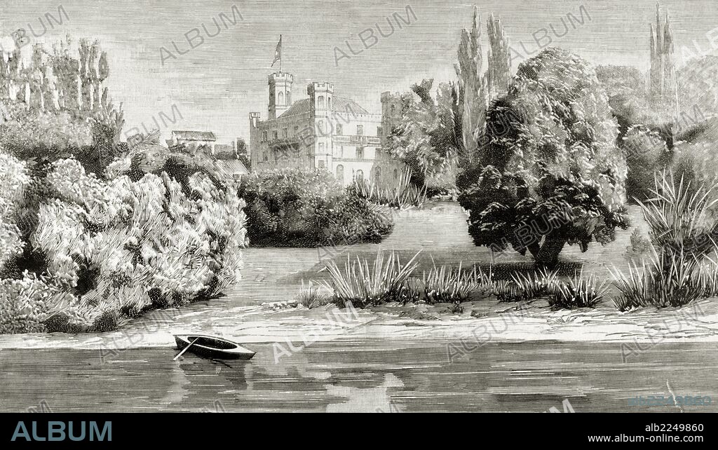 LUIS II DE BAVIERA (1845-1886). Príncipe bávaro de la Casa de Wittelsbach, rey de Baviera de 1864-1886. Grabado del Castillo y lago de Starnberg, última residencia y lugar de la trágica muerte de S. M. el rey Luís II" Baviera. "La Ilustración Española y Americana", 1886.
