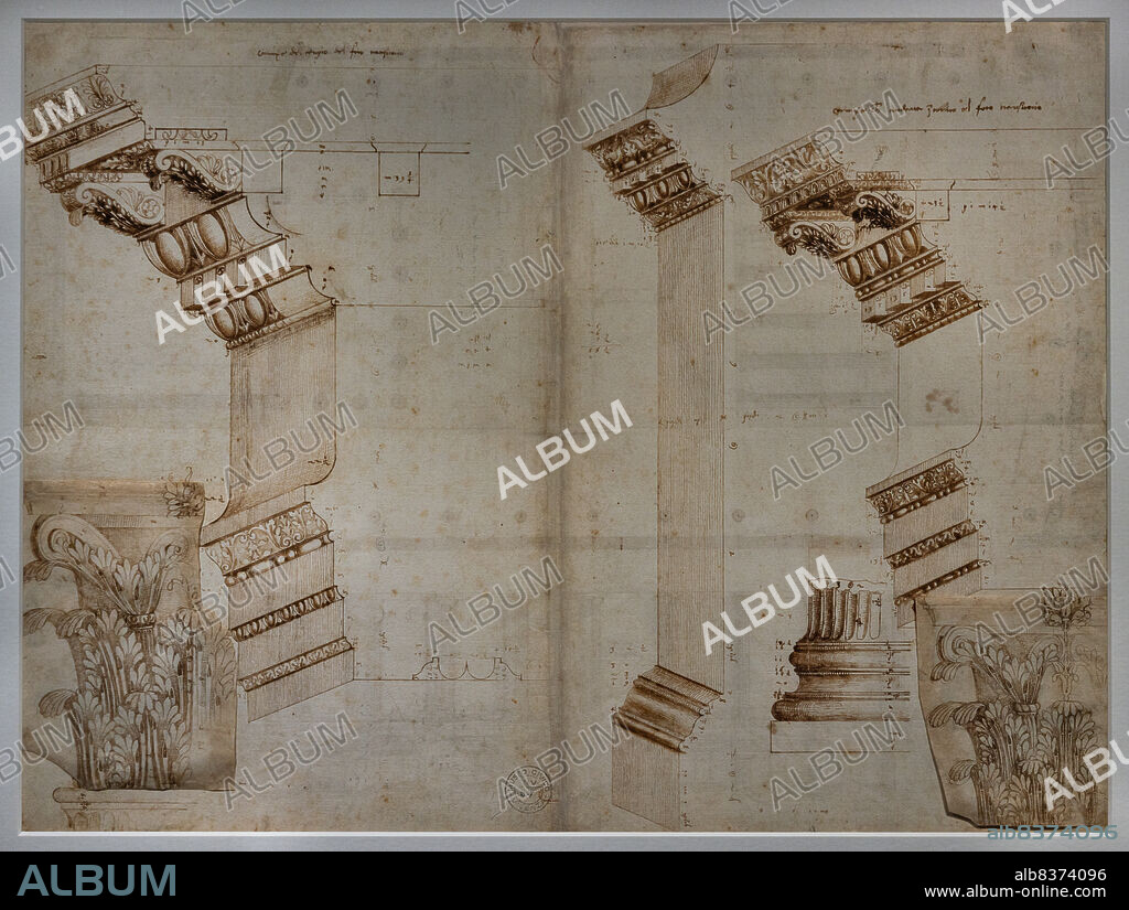 Elements of the temple of Minerva and the Forum of Nerva in Rome, with variants of the Corinthian capital, 1540s; by Andrea Palladio; ink, pen and brush.