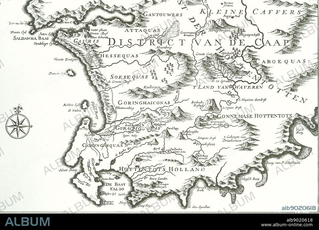 District of the Cape' (The Good Hope)' - map of a portion of the present Cape Colony. The former ship's doctor Johan van Riebeek landed in Table Bay in 1652 and built the beginning of a Dutch settlement in South Africa.
