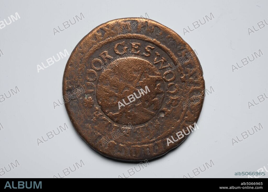 Cloth seal, Anonymous, 17th century, minted, General: 3.9 x 0.2cm (39 x 2mm), Weight: 24.3g, Test stroke of a cloth seal struck on a Swedish copper coin. On the front: Within a ring two crossed spades under a crown around it a double circular in a second ring: MONETA NOVA ... DALARENS. MDCXXVII and: MADE LEYDEN IN HOLLAND. On the reverse: inside rings a shield with a worn image and double inscription: GUSTAVUS ADOLPH DE BURGUNDIAE REX MPF and: BY GRAY MEETER, weapon (sign).