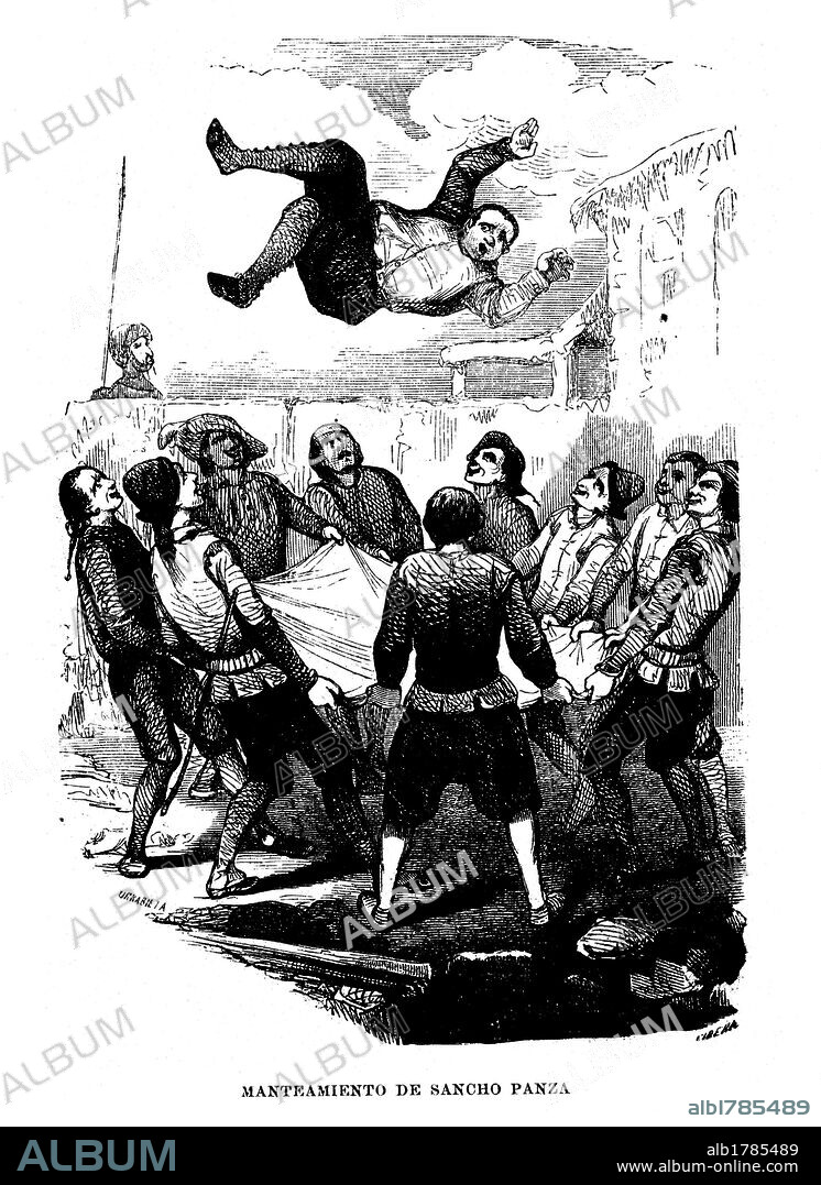 Escena de la novela EL INGENIOSO HIDALGO DON QUIJOTE DE LA MANCHA, de Miguel de Cervantes Saavedra. Dibujo de Ribera. Manteamiento de Sancho Panza.