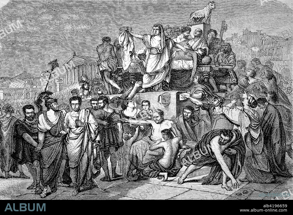 Anthony holds a funeral oration for the dead Caesar, Marcus Antonius Orator, 143 BC - 87 BC, the story of the ancient Rome, roman Empire, Italy.