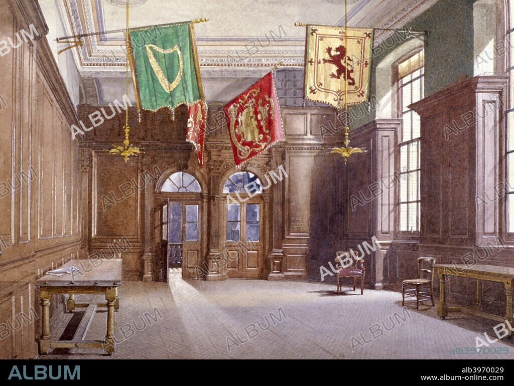 Interior view of the Bakers' Hall, Harp Lane, London, 1890; with flags and banners hanging from the ceiling.