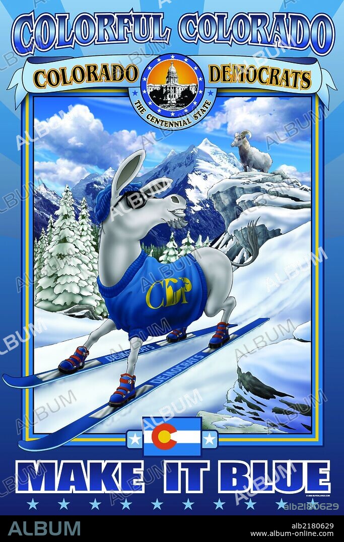 Blue the Donkey Skis on the Grand Tetons as a long horned sheep looks on from the mountains above. Blue wears a state party sweater.