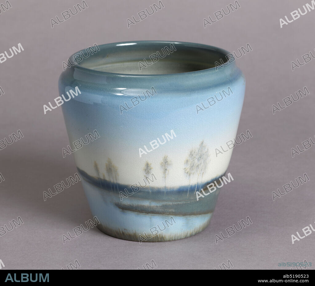 Vase, Rookwood Pottery, American, 1880 - 1967, Edward Timothy Hurley, American, 18691950, glazed stoneware, White clay body, cast. Wide flaring cylindrical body with truncated rim; no foot. Underglaze slip-decorated around body with landscape scene of lake, low hills and trees in background. On front is a cluster of birch trees in foreground. Colors range from blues to grays, with accents of browns in the trees. Allover clear high glaze; fine crazing. Interior and bottom glazed., Cincinnati, Ohio, USA, 1912, ceramics, Decorative Arts, vase, vase.