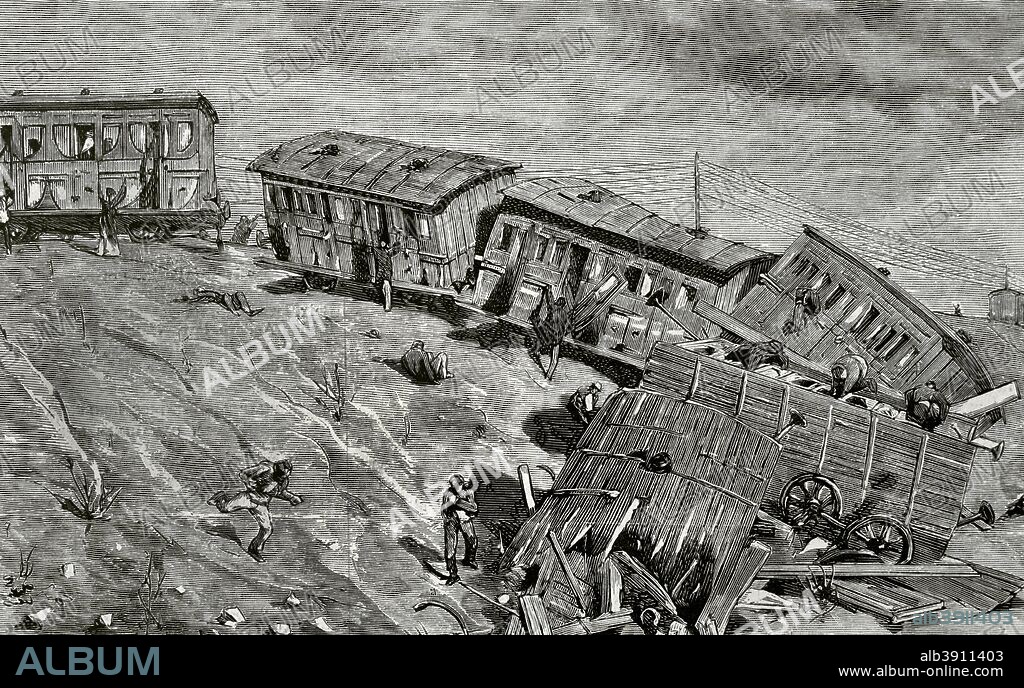 Spain, Catalonia. Railway accident. Derailment of the mail train Barcelona-Saragossa near the town of Tarrega, on June 24, 1876. There were many dead and wounded. Engraving. La Ilustracion Espa–ola y Americana, July 8, 1876.