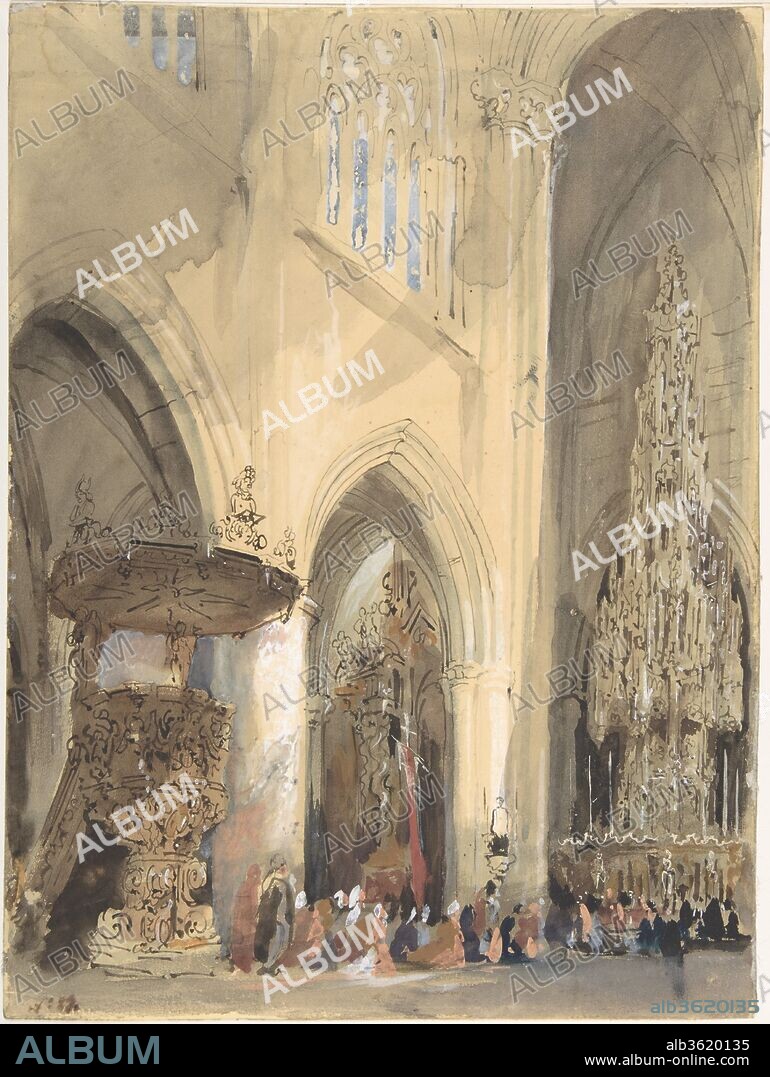 GENARO (JENARO) PÉREZ VILLAAMIL. Interior of the Church of St. Jacques, Louvain. Artist: Genaro (Jenaro) Pérez Villaamil (Spanish, El Ferrol 1807-1854 Madrid). Dimensions: 14-3/16 x 10-9/16 in.  (36.0 x 26.8 cm). Date: 1807-54.