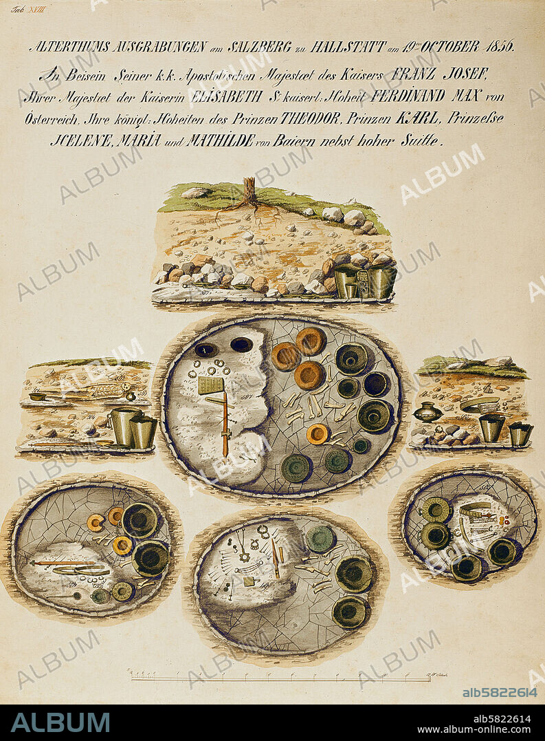 Hallstatt burial site, a collection of 19th century watercolours. Page with names of the persons present at the discovery of the site. Johann Georg Ramsauer began the excavation of the 980 tombs in 1846. Drawing of the tombs by Isidor Engel in 1878.