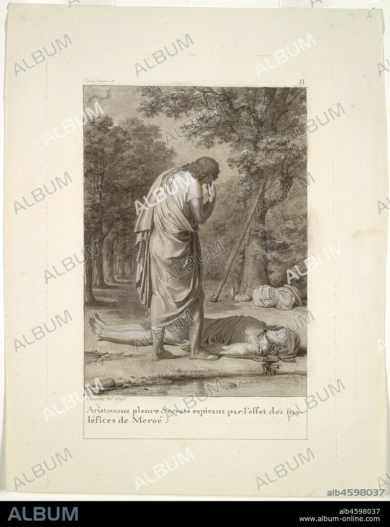 Aristomenes Mourning the Death of Socrates from the Bewitchment of Meroë (from Book 1 of Apuleius, "The Golden Ass"), 1795. This scene represents the end of a complex episode from the Roman writer Apuleius's (2nd century ad) story The Golden Ass. Aristomenes narrates a tale to the book's main character, Lucius, about a friend named Socrates, whom he meets during his travels. After a disastrous affair with a witch named Meroë, Socrates dies from a wound she inflicts to his throat, and the scene shown here is the moment just after his death. Chaudet is mainly known as a sculptor, but he also designed a number of book illustrations for the most important publisher of the neoclassic period, the Didot firm. Although we know he did a number of drawings for The Golden Ass, the project was never realized as a book.