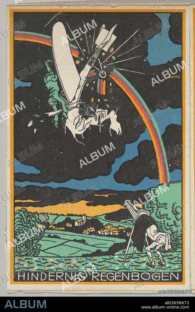 Rainbow Obstacle (Hindernis Regenbogen). Artist: Moriz Jung (Austrian (born Czechoslovakia) Moravia 1885-1915 Manilowa (Carpathians)). Dimensions: Sheet: 5 1/2 × 3 9/16 in. (14 × 9 cm). Publisher: Wiener Werkstätte. Date: 1911.