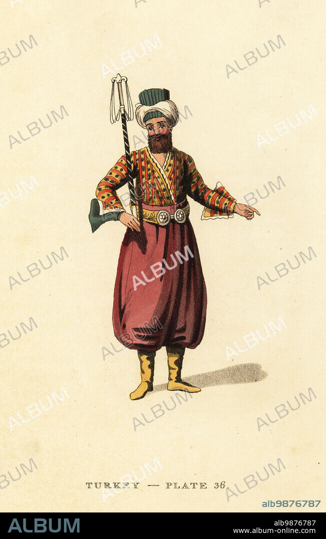 An Usher in the court of the Sultan, Ottoman Empire. He carries a staff, wears a turban, short jacket, girdle, loose harem pants and yellow boots. Handcoloured copperplate engraving after Octavian Dalvimart from William Alexanders translation of Picturesque Representations of the Dress and Manners of the Turks, Thomas MLean, London, 1814.