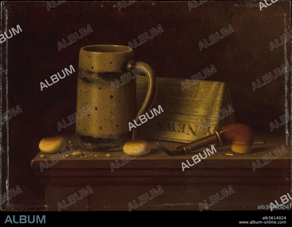 New York Daily News. Artist: William Michael Harnett (1848-1892). Dimensions: 5 1/2 x 7 1/2 in. (14 x 19.1 cm). Date: 1888.
Working on a very small scale, Harnett depicted with rich color and convincing impasto a ceramic beer mug; the New York Daily News for April 3, 1888; a meerschaum pipe; two biscuits; and a variety of crumbs, matches, ashes, and tobacco flakes. In a published interview, he described his early dependence on objects of this sort: "I could not afford to hire models as the other students did, and I was forced to paint my first picture from still life models." The catalogue of Harnett's estate sale, which included an extensive collection of pipes, attests to his lifelong interest in such typically masculine possessions.