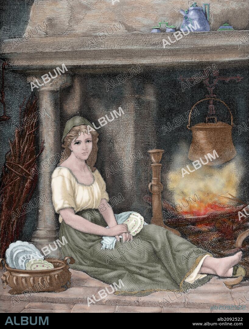 PAUL JONNARD. LA CENICIENTA, personaje de cuento de hadas del cual existen varias versiones. La más conocida en la escrita por Charles Perrault. Grabado por Jonnard. "La Velada", año 1894. Coloreado.