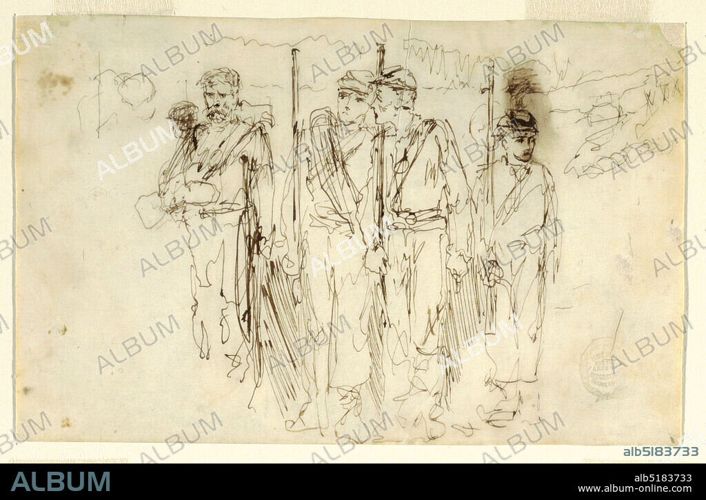 The Walking Wounded, Pen and brown ink, graphite on light-brown wove paper, Horizontal loosely drawn sketch of four soldiers: three holding muskets upright and one, at left with a beard and moustache, holding his rifle at his side. The soldier at right is smaller than the others and looks right. The middle soldier looks left., USA, 186162, furniture, Drawing, Drawing.