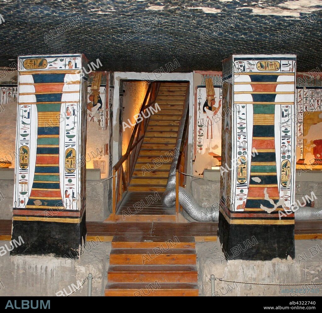 The Djed pillar a symbol in Ancient Egypt, representing stability. It is associated with the creator god Ptah and Osiris. Wall painting in the Egyptian god of the afterlife, the underworld, and the dead Wall Painting Inside the tomb (QV66) of Nefertari, in Egypt's Valley of the Queens. It was discovered by Ernesto Schiaparelli in 1904. It is called the Sistine Chapel of Ancient Egypt. In the Valley of the Queens, Nefertari's tomb once held the mummified body and representative symbolisms of her, like what most Egyptian tombs consisted of. Now, everything had been looted except for two thirds of the 5,200 square feet of wall paintings. ca. 1255 BC.