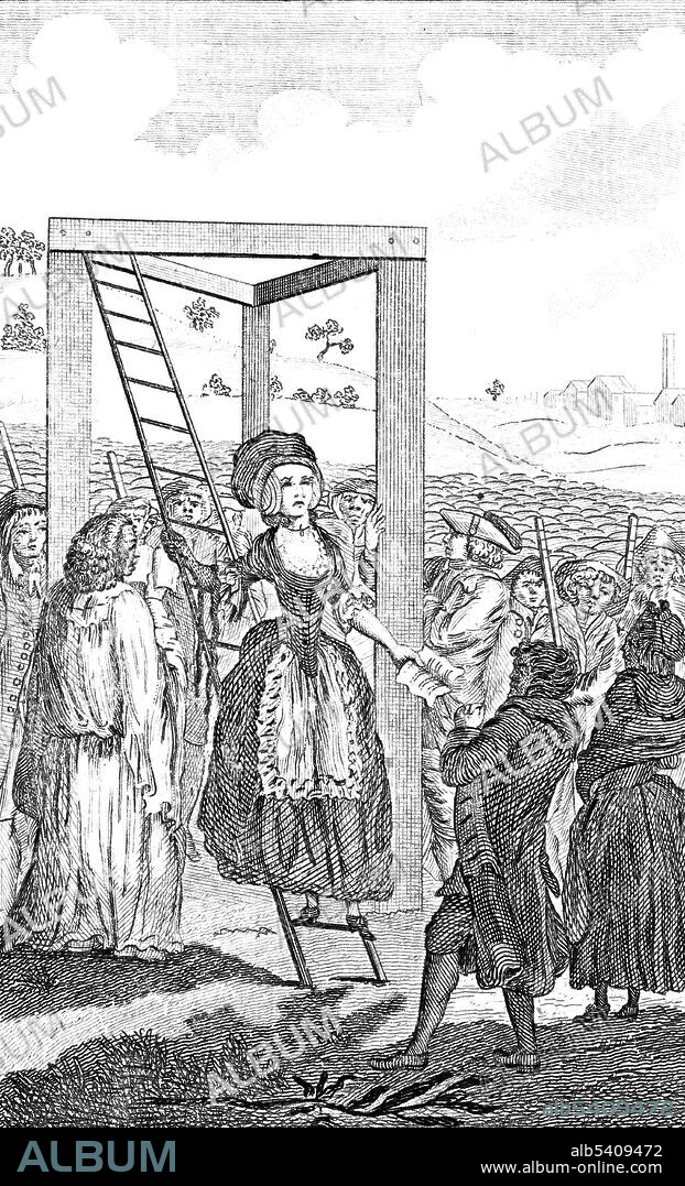 The execution of Miss Mary Blandy, for the murder of her father, with the Rev. Swinton in attendance. Mary Blandy (1720 - April 6, 1752) was an English murderer. In 1751, she poisoned her father, Francis Blandy. She claimed that she thought the arsenic was a love potion that would make her father approve of her relationship with William Henry Cranstoun, an army officer and son of a Scottish nobleman. The trial was of some forensic interest, as there was expert testimony about the arsenic poisoning that was presented by Dr. Anthony Addington. Addington had done testing that would be rudimentary by today's standards, but was quite fascinating in the 18th century, based on testing residue for traces of arsenic. On Easter Monday, April 6, 1752, Blandy was hung outside Oxford Castle prison for the crime of parricide. Her case attracted a great deal of attention from the press. No artist credited, 1752.