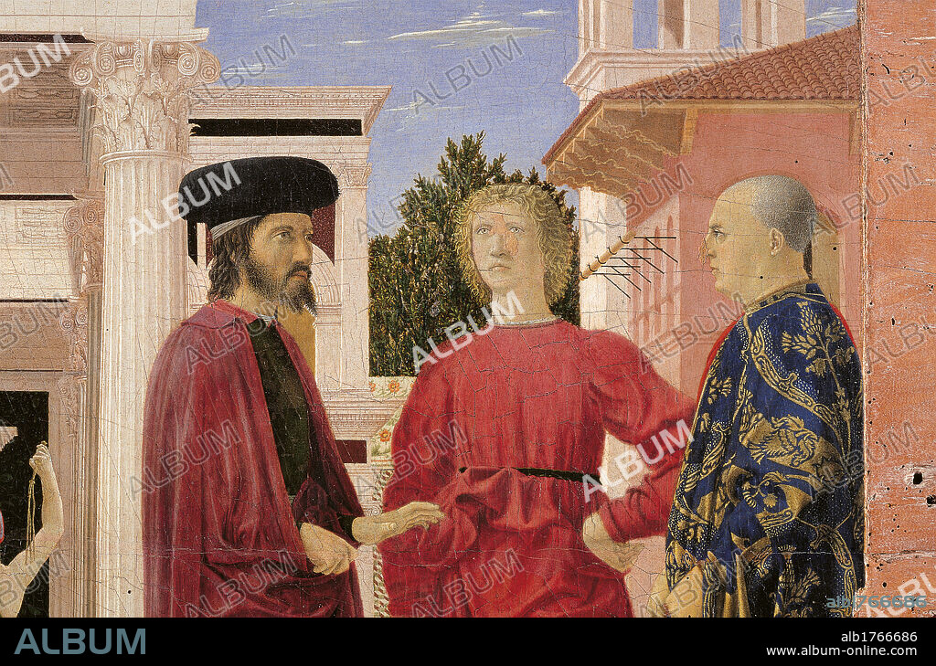 The Flagellation of Christ, by Pietro di Benedetto dei Franceschi known as Piero della Francesca, 1453-1460 about, 15th Century, tempera and oil on poplar panel, cm 67,5 x 91painted surface 58,3 x 81,5 cm. Italy, Marche, Pesaro Urbino, Urbino, Marche National Gallery. Detail. Architecture Renaissance view urban Corinthian capital men courtiers probably Oddantonio da Montefeltro blonde young headgear hat tuft beard old mantle damask gold light blue. Authorization required for non editorial use.